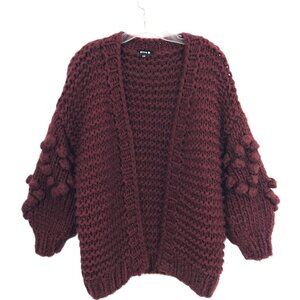 Chunky Knit Cardigan Sweater Wool Blend Pompom Sleeve Burgundy S, M